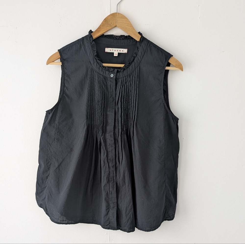 XiRENA Black 100% Cotton Sleeveless Blouse - Pleated Front Ruffle Collar XS